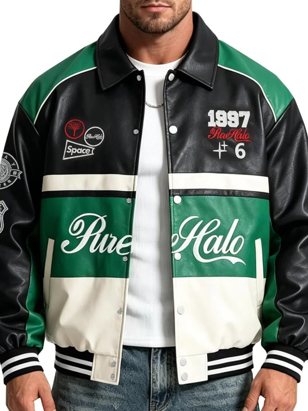 Men's Racing Jacket Faux Leather Race Car Motorcycle Biker Style